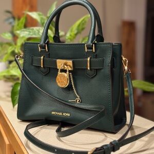 Michael Kors Dark Green Satchel with Gold Accents